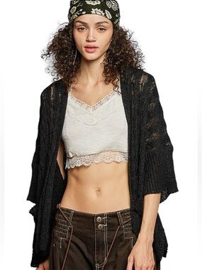 POL Black Crochet Open Cable knit Short Sleeve Cardigan